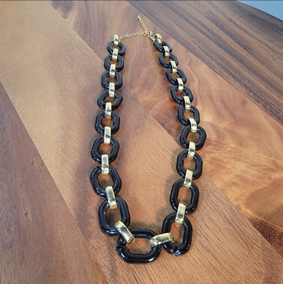 Black and Gold Tone Chain Link Necklace Classic Statement Chunky Resin - Picture 8 of 16